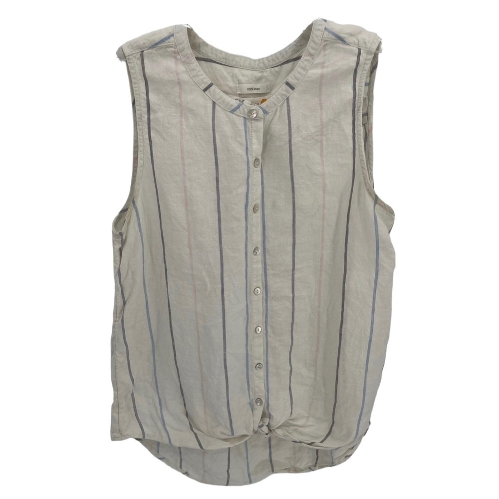 C&C California Striped Linen Button Sleeveless Top White Blue Size small
